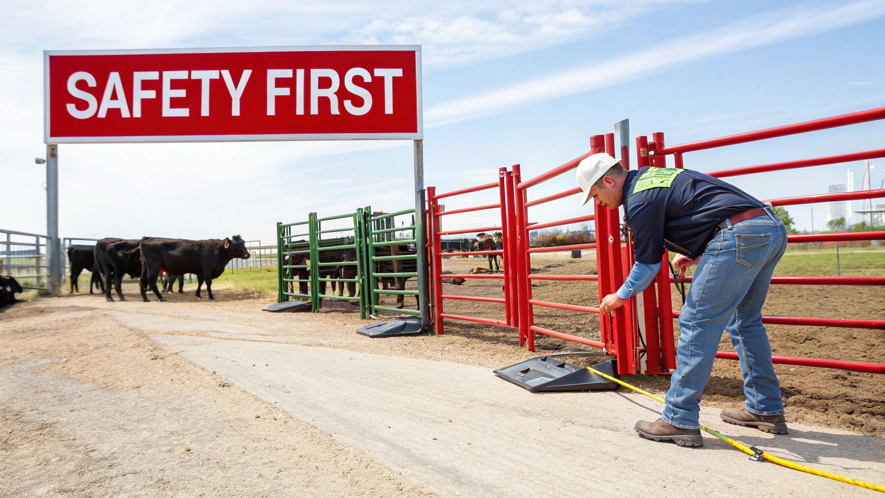 Man measures equipment at a mobile cattle yard under a 'SAFETY FIRST' sign with black cows.