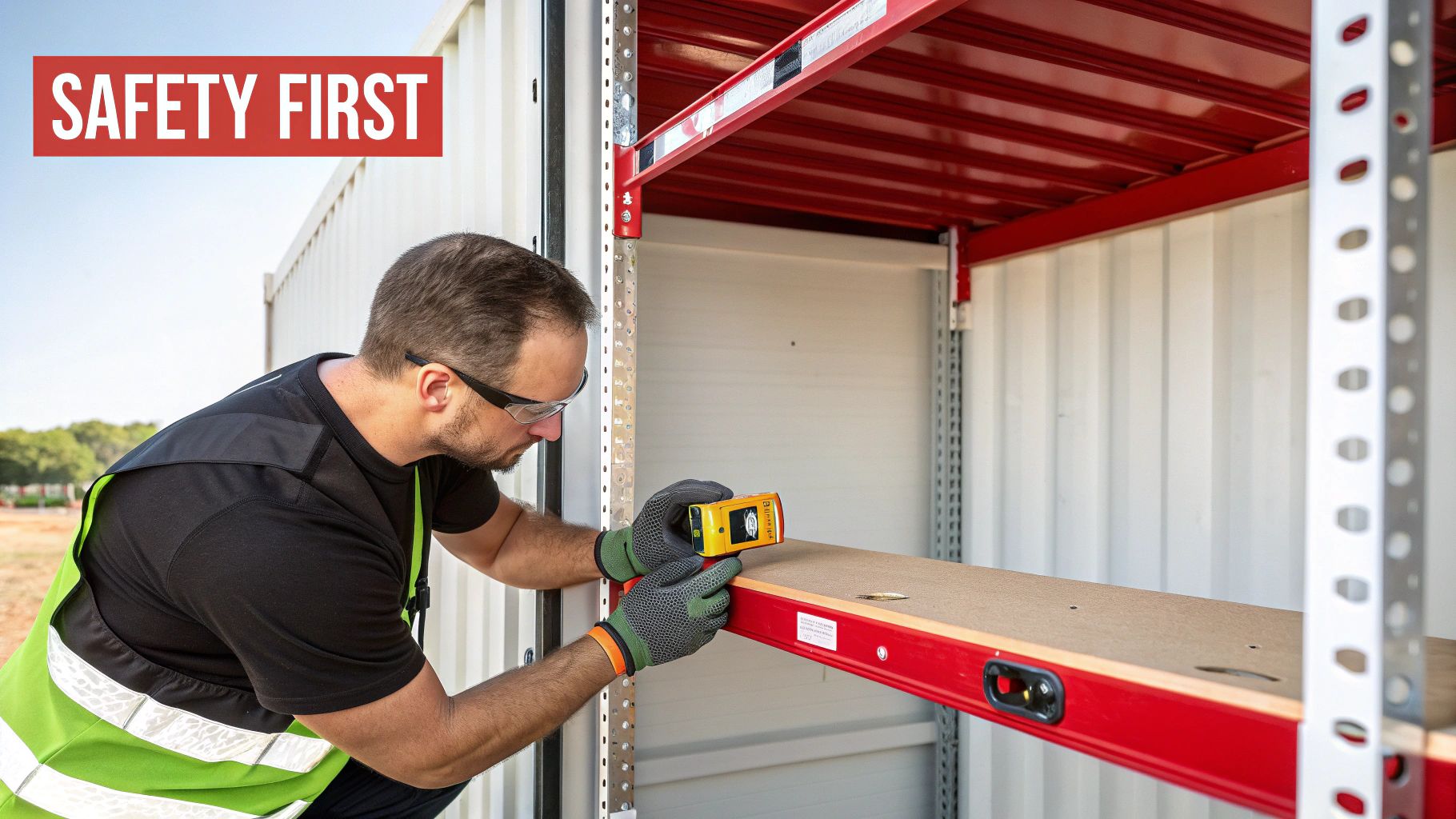 A person safely assembling storage container shelves inside a clean shipping container.