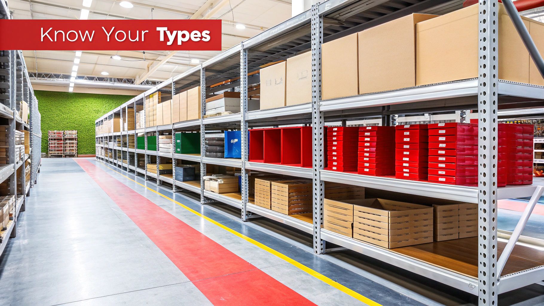 Different types of metal shelving units are displayed in a clean, organised space.