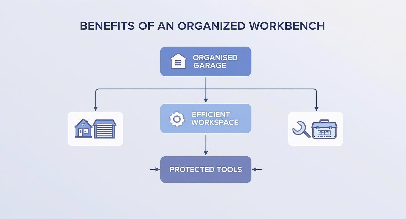 Infographic about garage workbench with storage