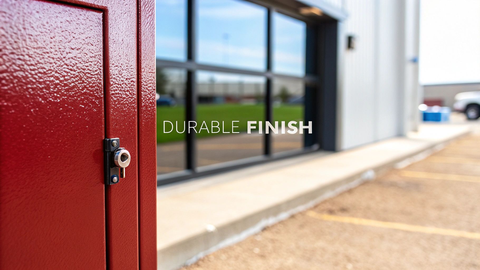 A close-up of a red storage cabinet with a durable finish and a lock, against an outdoor background.