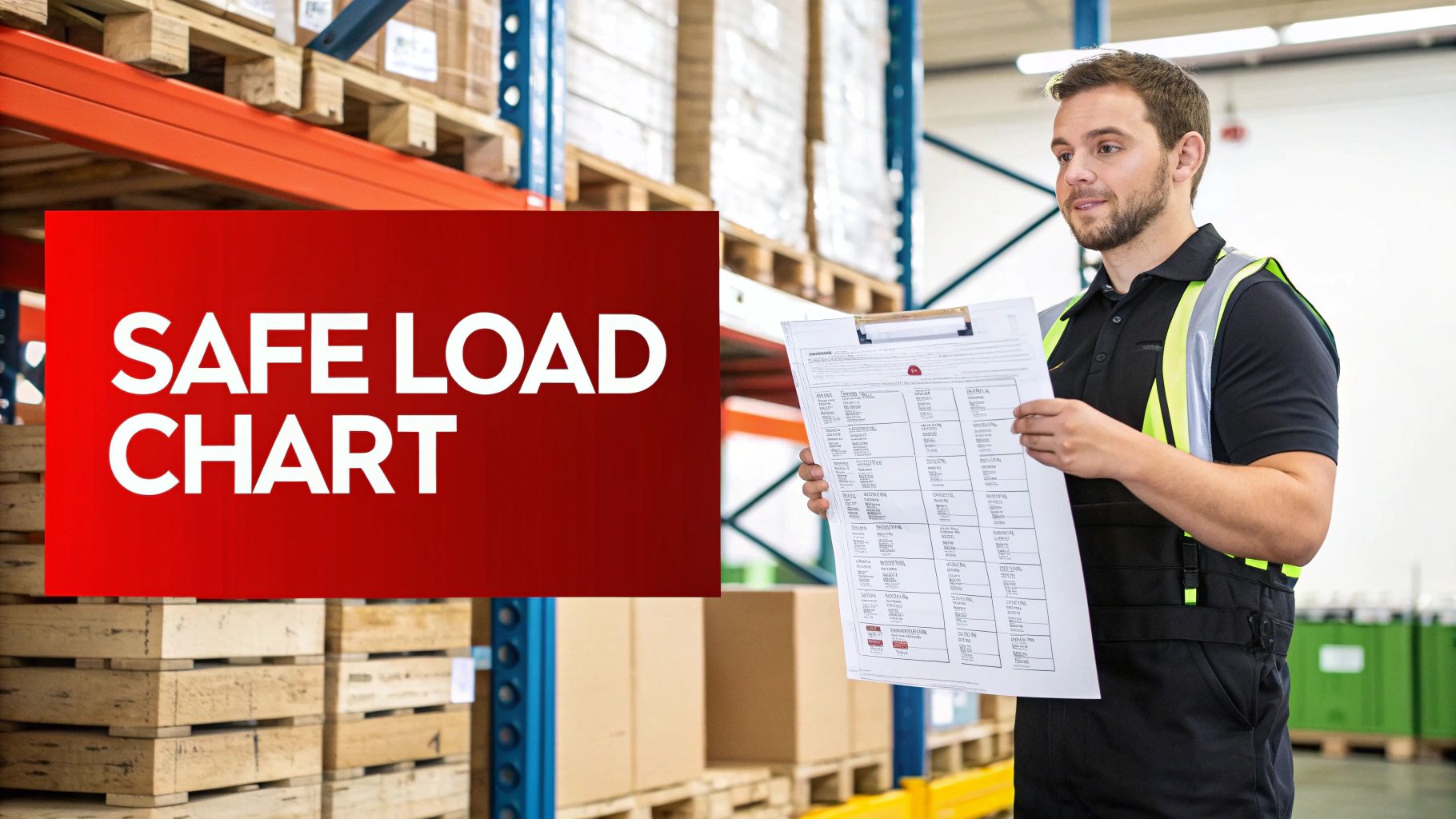 A man in a warehouse wearing a high-visibility vest holds a document, with a red overlay stating "SAFE LOAD CHART".