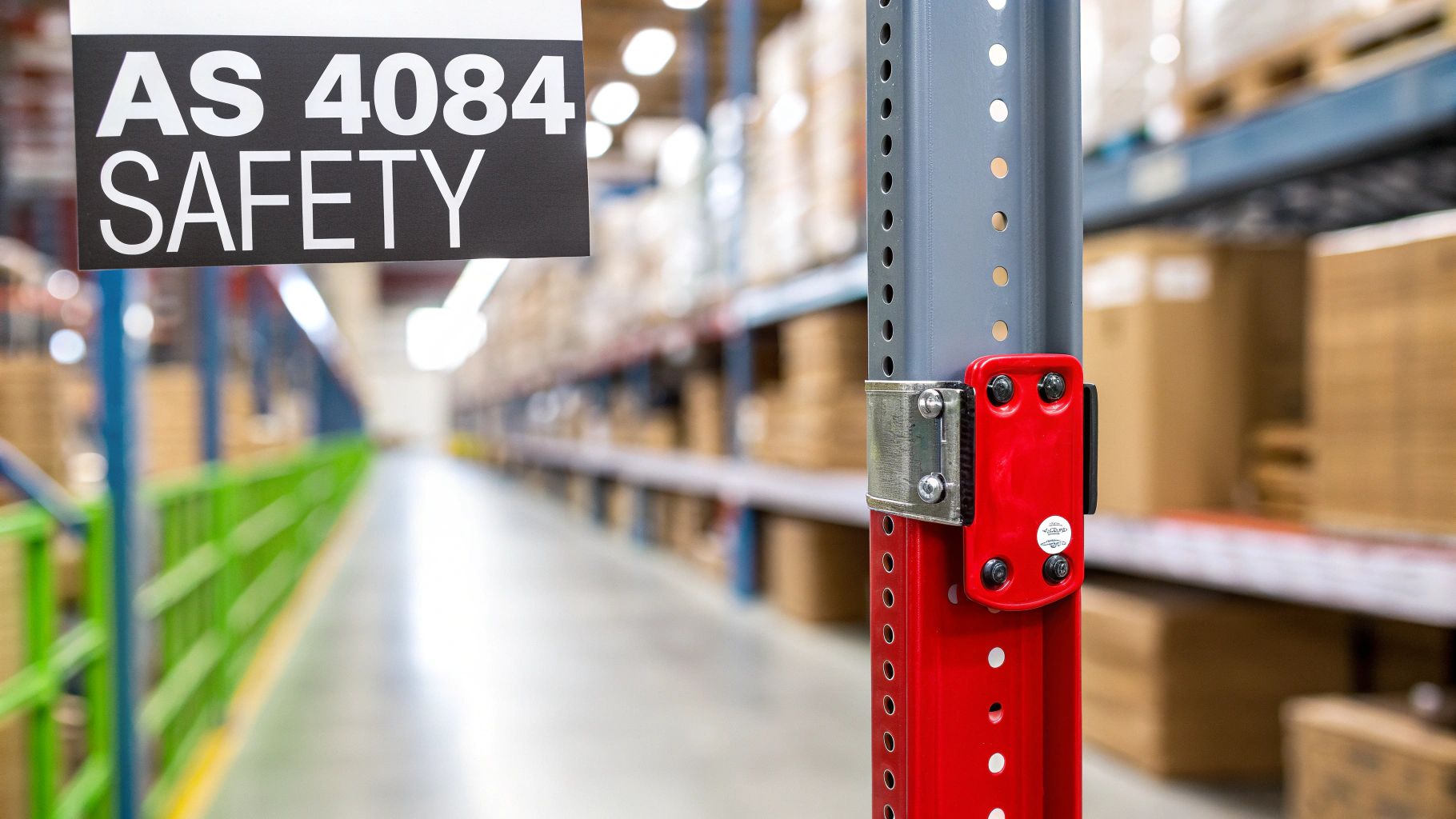 A warehouse aisle featuring tall storage shelves, a 'AS 4084 SAFETY' sign, and robust racking.