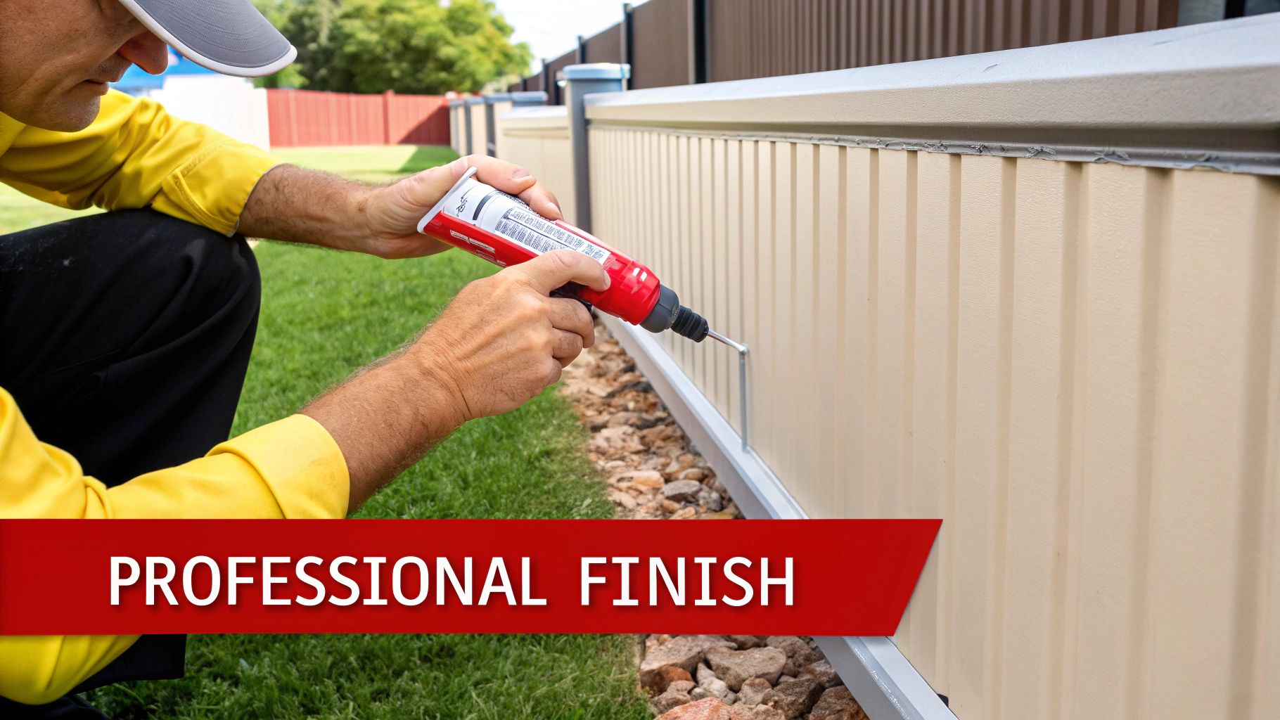 A person applies sealant to the base of a cream-colored Colorbond fence with a professional caulking tool, ensuring a professional finish.