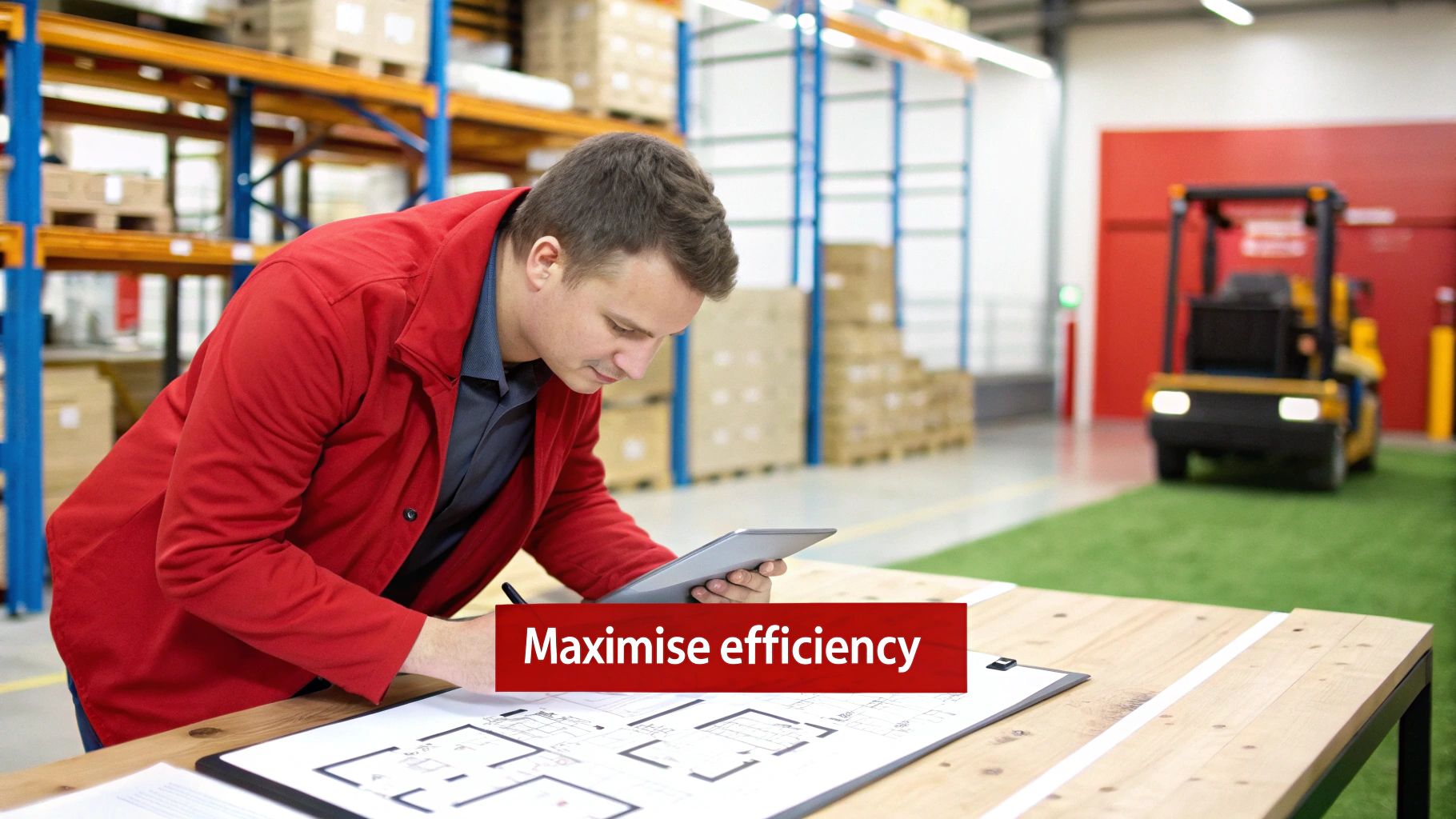 Man in red jacket reviews a digital tablet and floor plan for warehouse logistics.