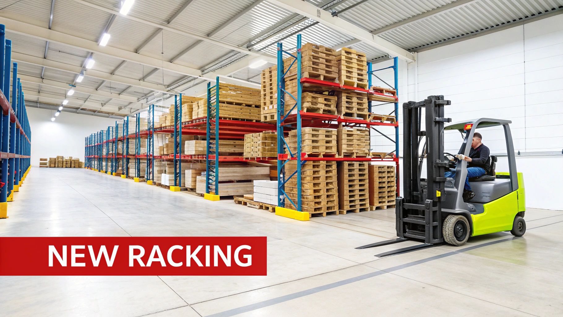 A bright warehouse with new blue and red pallet racking, a forklift, and a worker.