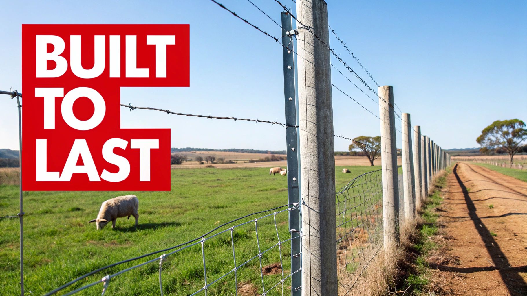 A sturdy galvanized fence post stands firm in a field, showcasing its durability in an Australian rural setting.