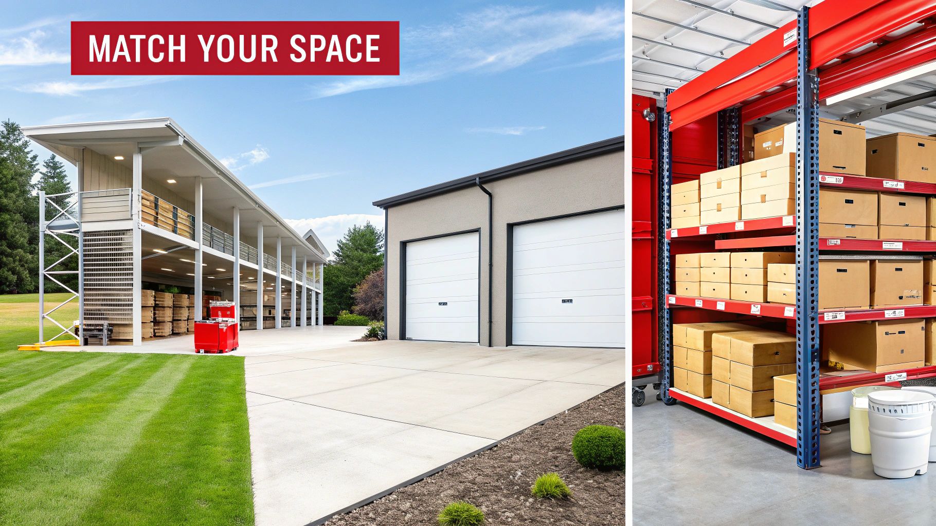 Modern commercial buildings and an interior with red industrial shelving units stocked with cardboard boxes.