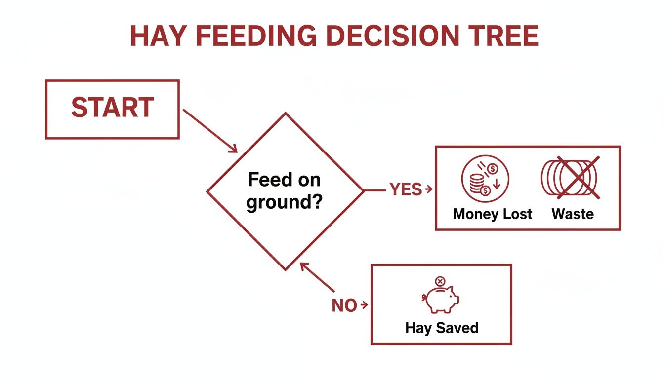 A hay feeding decision tree flowchart illustrates the consequences of feeding hay on the ground versus not.