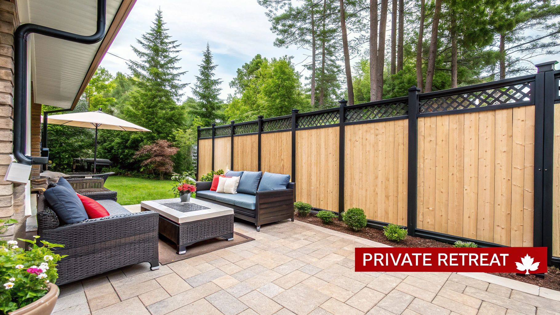 A fence with a green privacy screen attached, providing seclusion for a backyard.