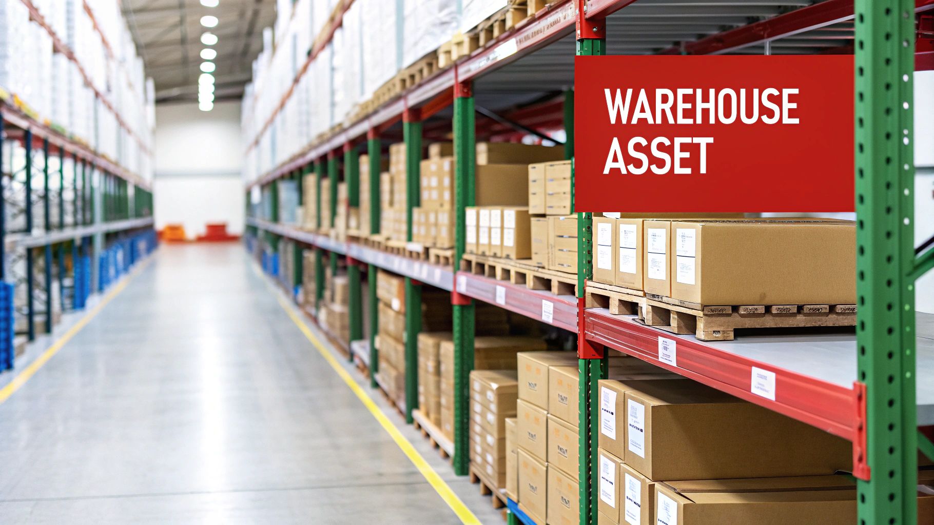 A long aisle in a large, clean warehouse with tall shelves stocked with cardboard boxes on pallets.