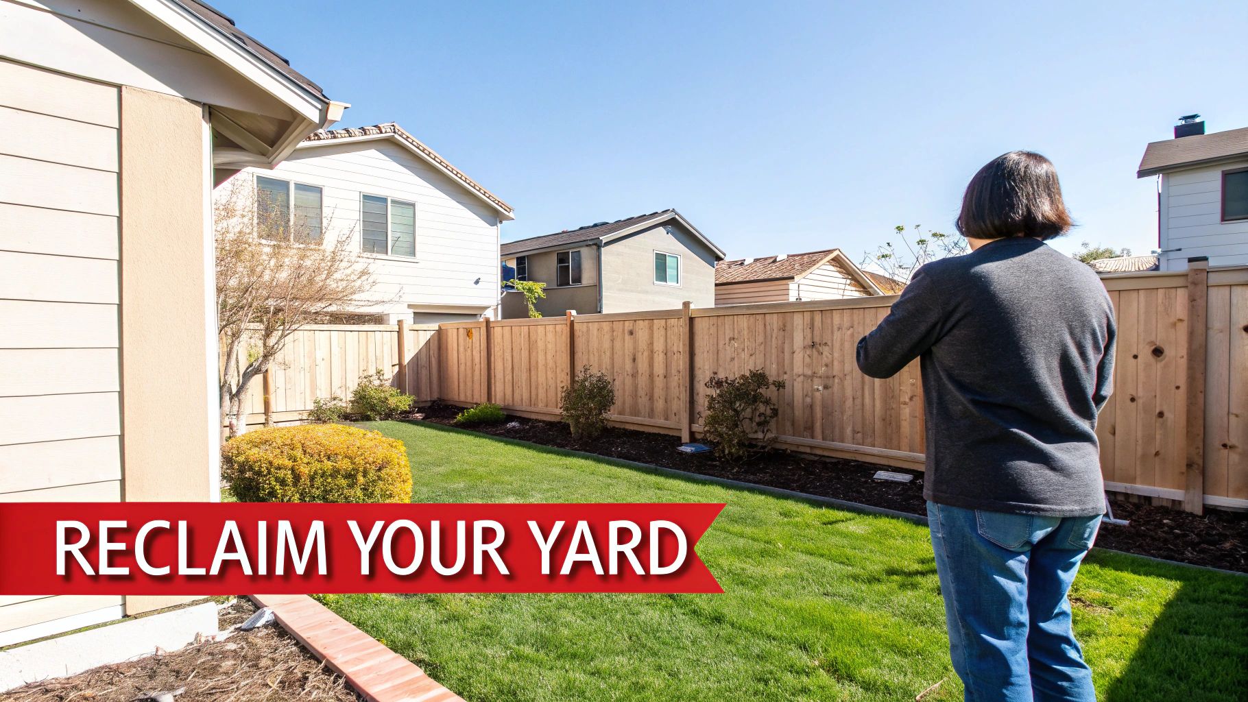 Homeowner standing in backyard viewing wooden privacy fence and landscaped lawn with neighboring houses