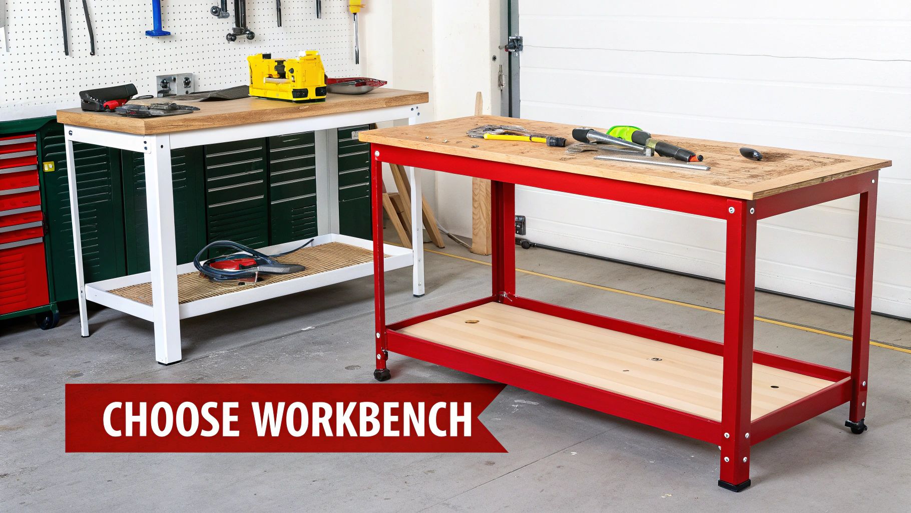 An organised garage with smart storage solutions around a workbench.