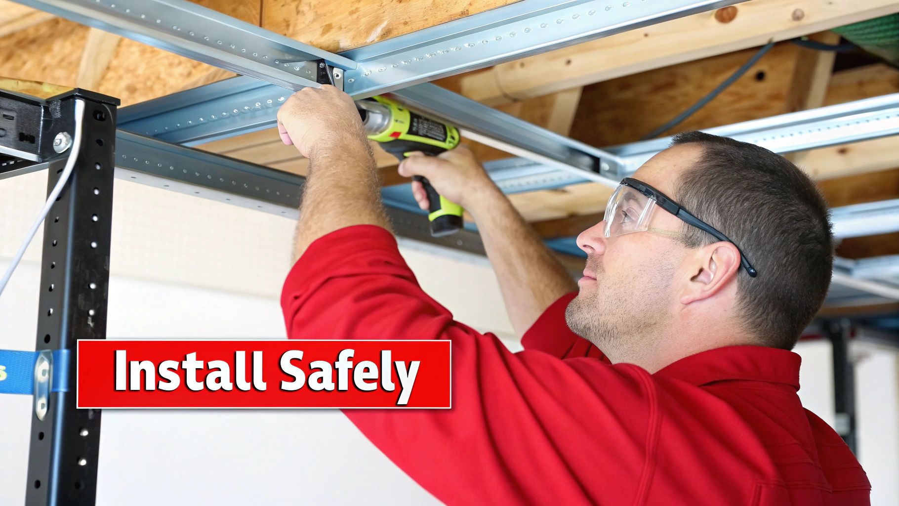 A person safely installing a garage overhead storage rack onto ceiling joists.