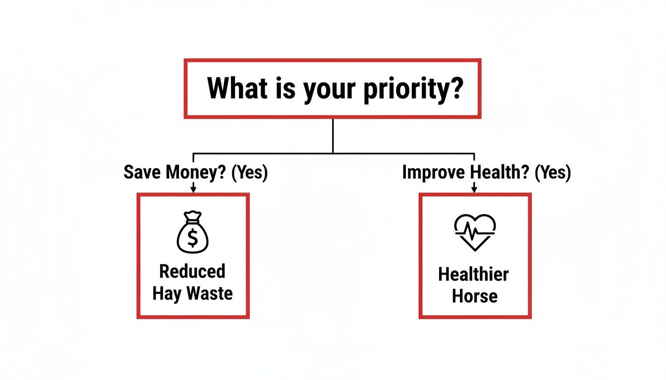 Flowchart showing two priorities: save money for reduced hay waste or improve health for a healthier horse.