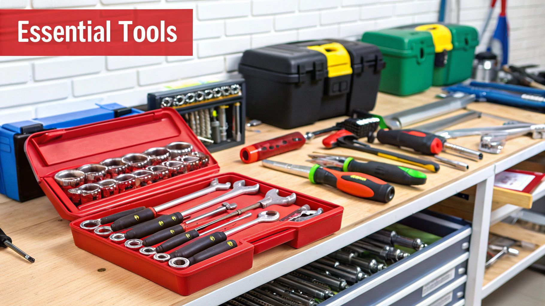 A collection of essential tools for racking installation laid out neatly, including a torque wrench, laser level, rubber mallet, and various safety gear.
