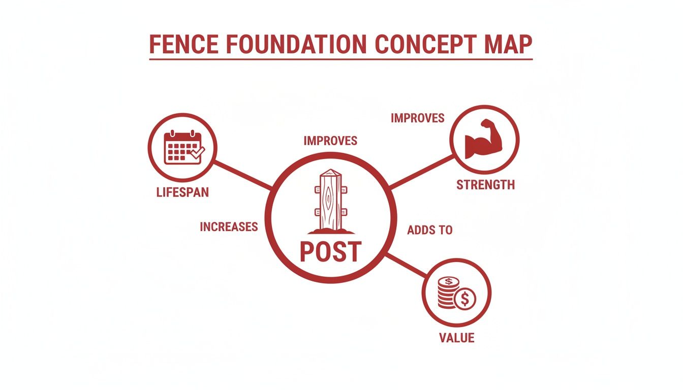 A concept map showing how a fence post improves lifespan, strength, and value.