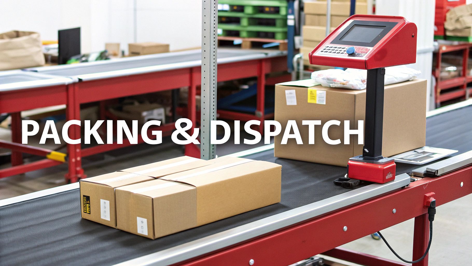 Cardboard boxes move along a conveyor belt in a packing and dispatch warehouse, next to a red weighing scale.