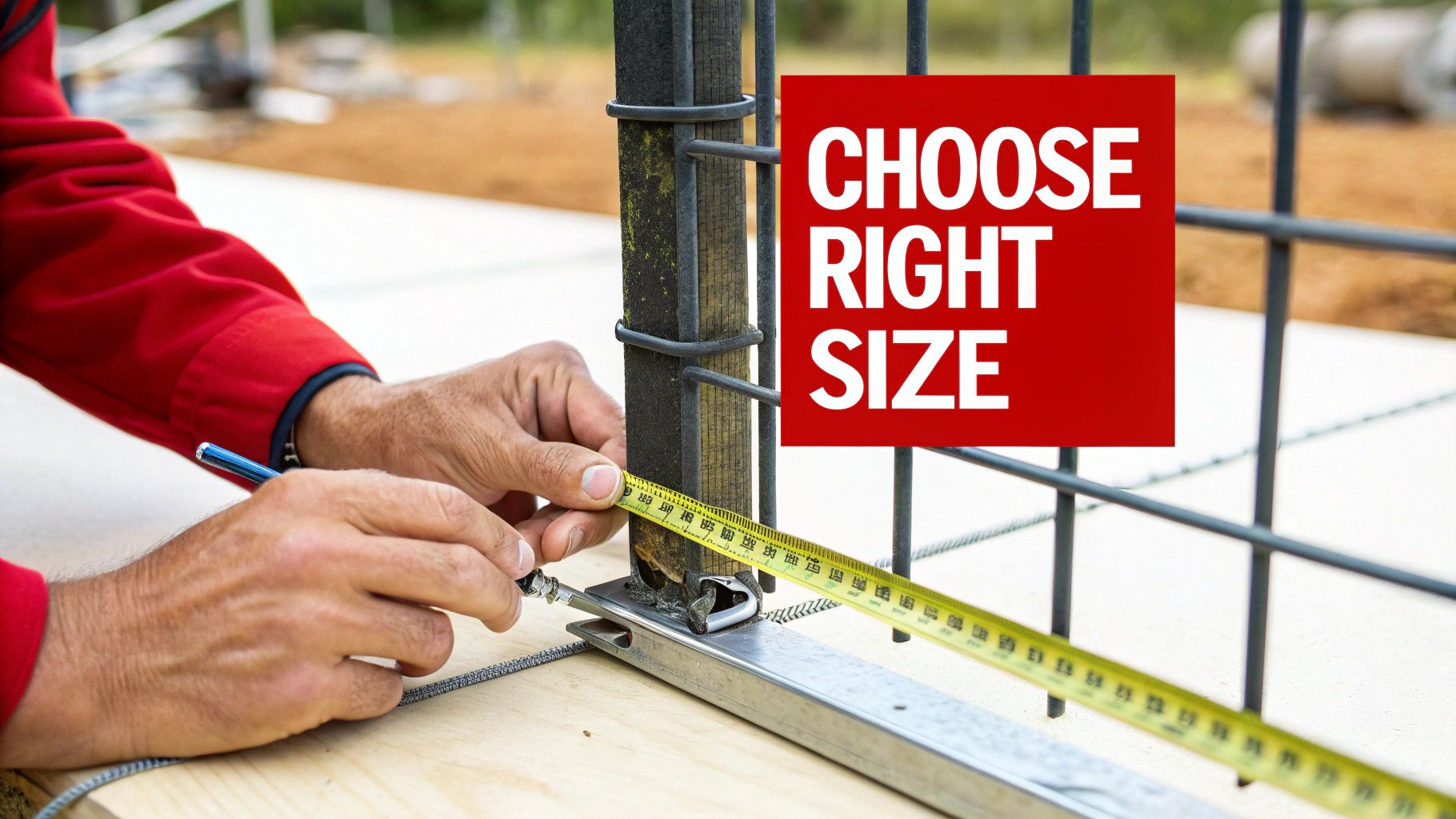 A person's hands meticulously measuring a metal construction part with a yellow tape measure, focusing on precision.