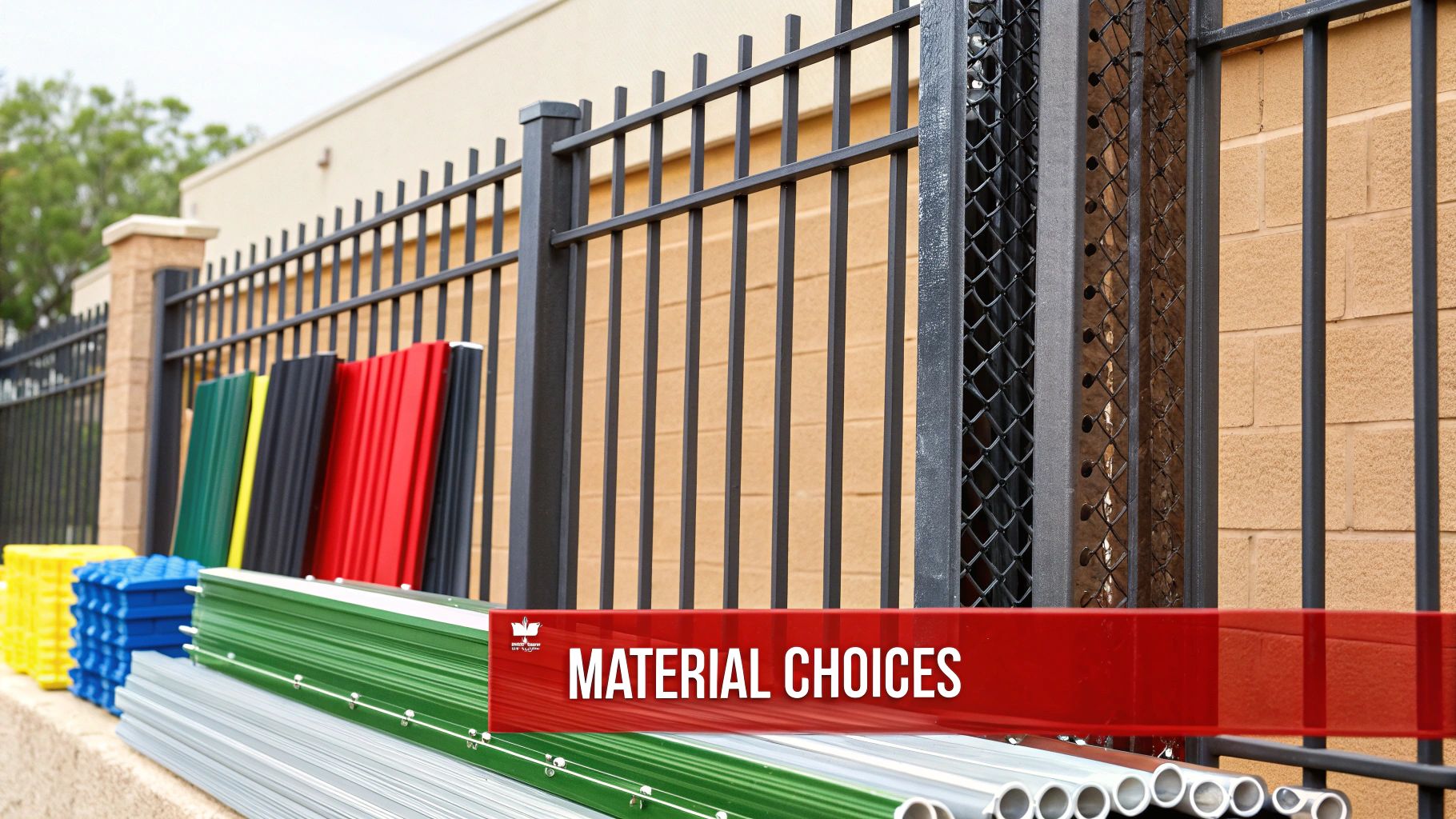 A modern good neighbour fence in a dark grey colour separating two suburban backyards.