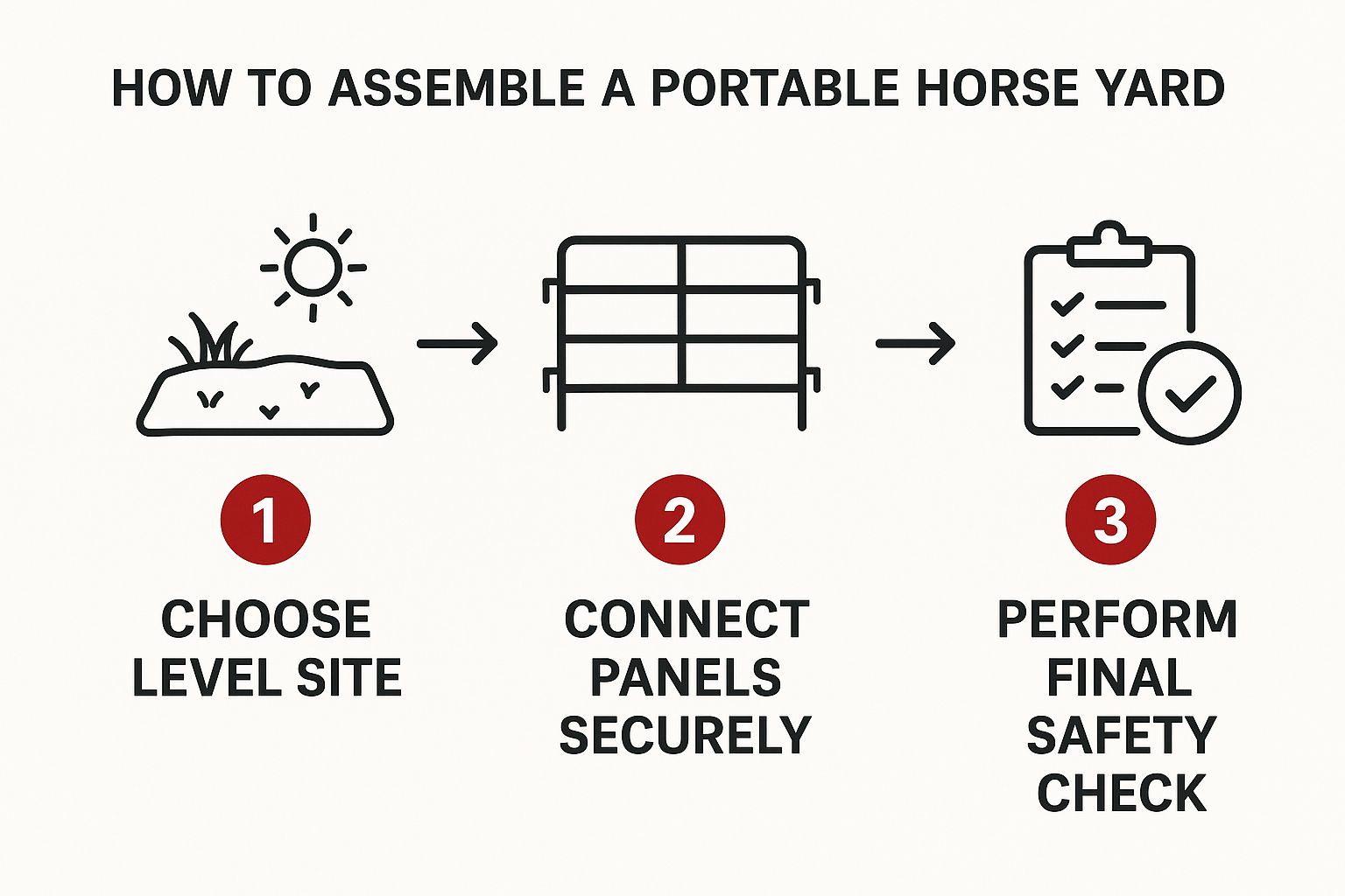 Infographic showing the three-step process for assembling a portable horse yard: Choose a level site, connect panels securely, and perform a final safety check.