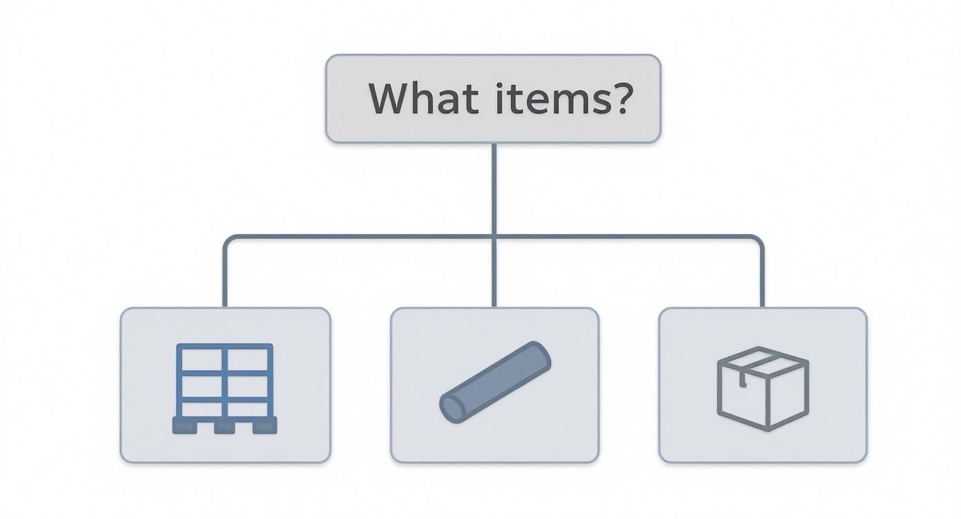 A diagram asking 'What items?' showing icons of a pallet rack, a pipe, and a box.