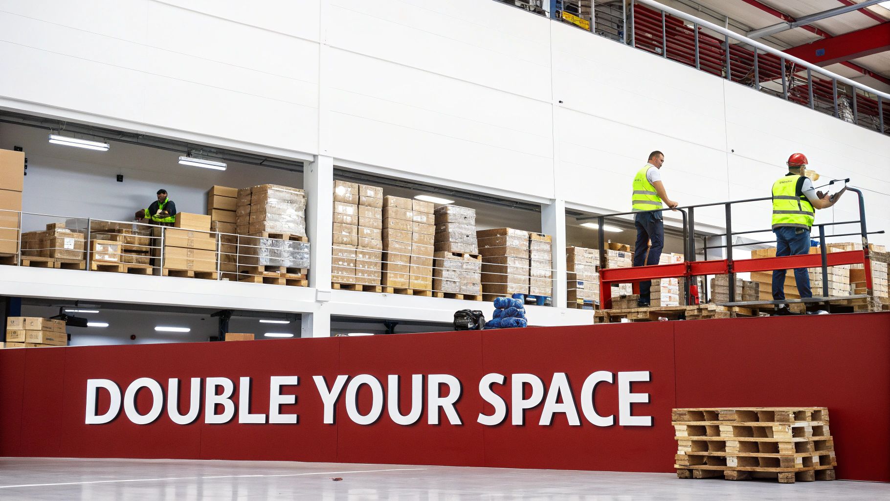 Warehouse interior with workers on mezzanines, stacking boxes, highlighting space optimization.