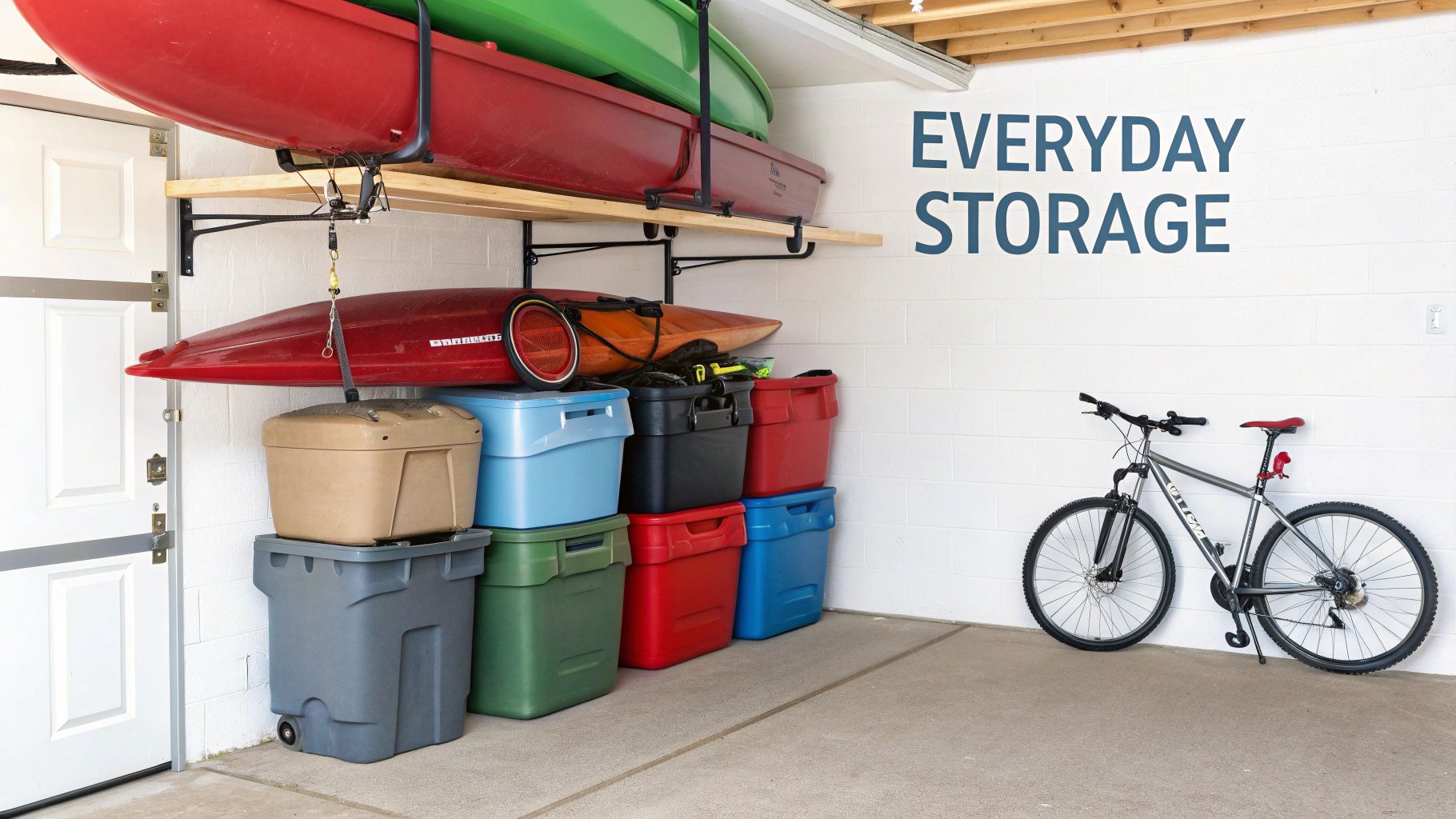 A neatly organized garage featuring overhead kayak storage, colorful storage bins, and a bicycle.