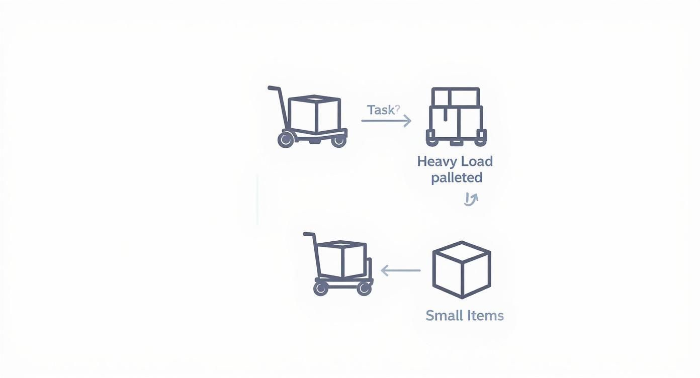 Infographic decision tree for choosing trolleys for warehouse based on task, showing paths for heavy loads versus small items.