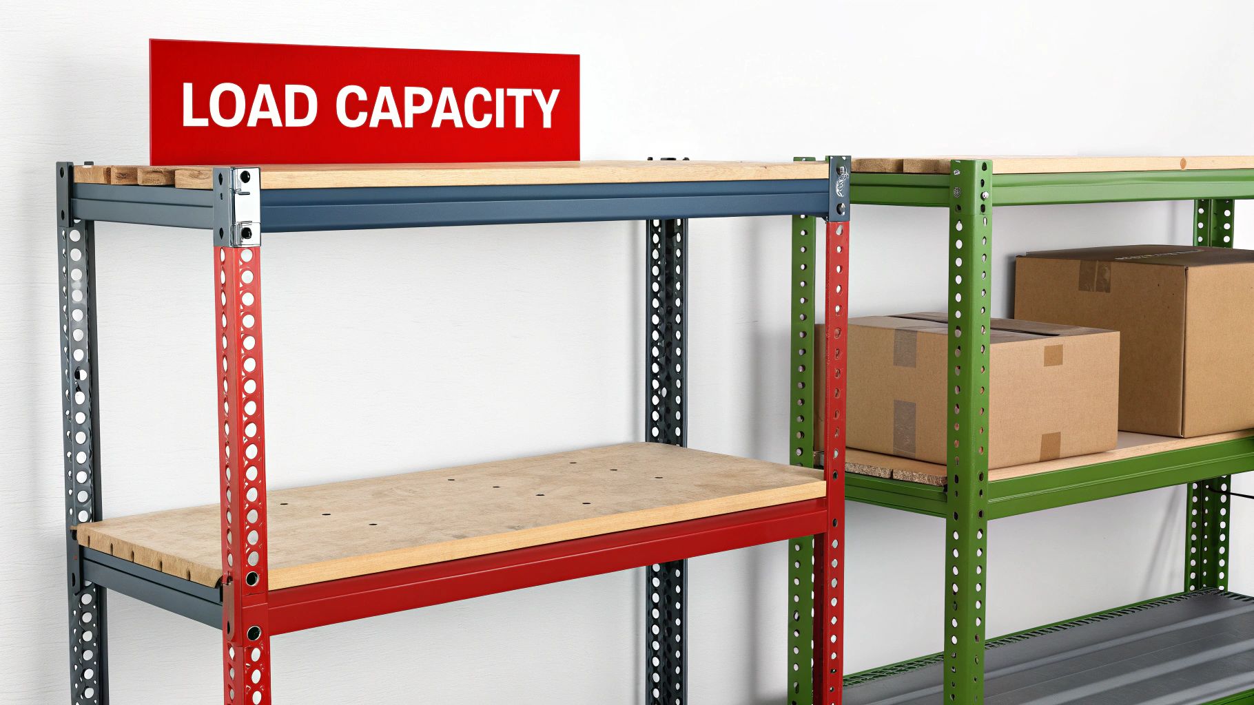 Close-up of industrial metal shelving storage units with a prominent 'LOAD CAPACITY' sign.