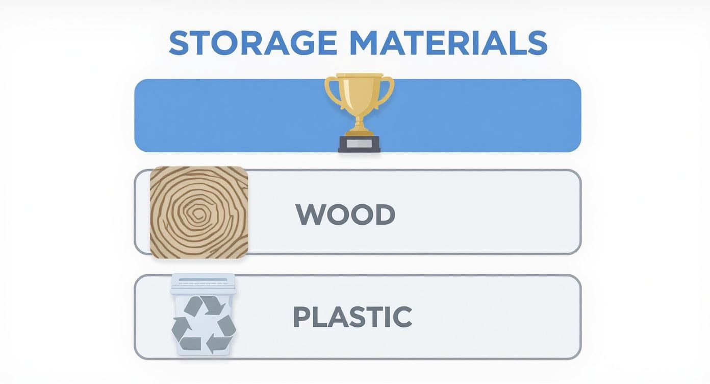 Infographic showing a hierarchy of storage materials with metal at the top, followed by wood and plastic below.