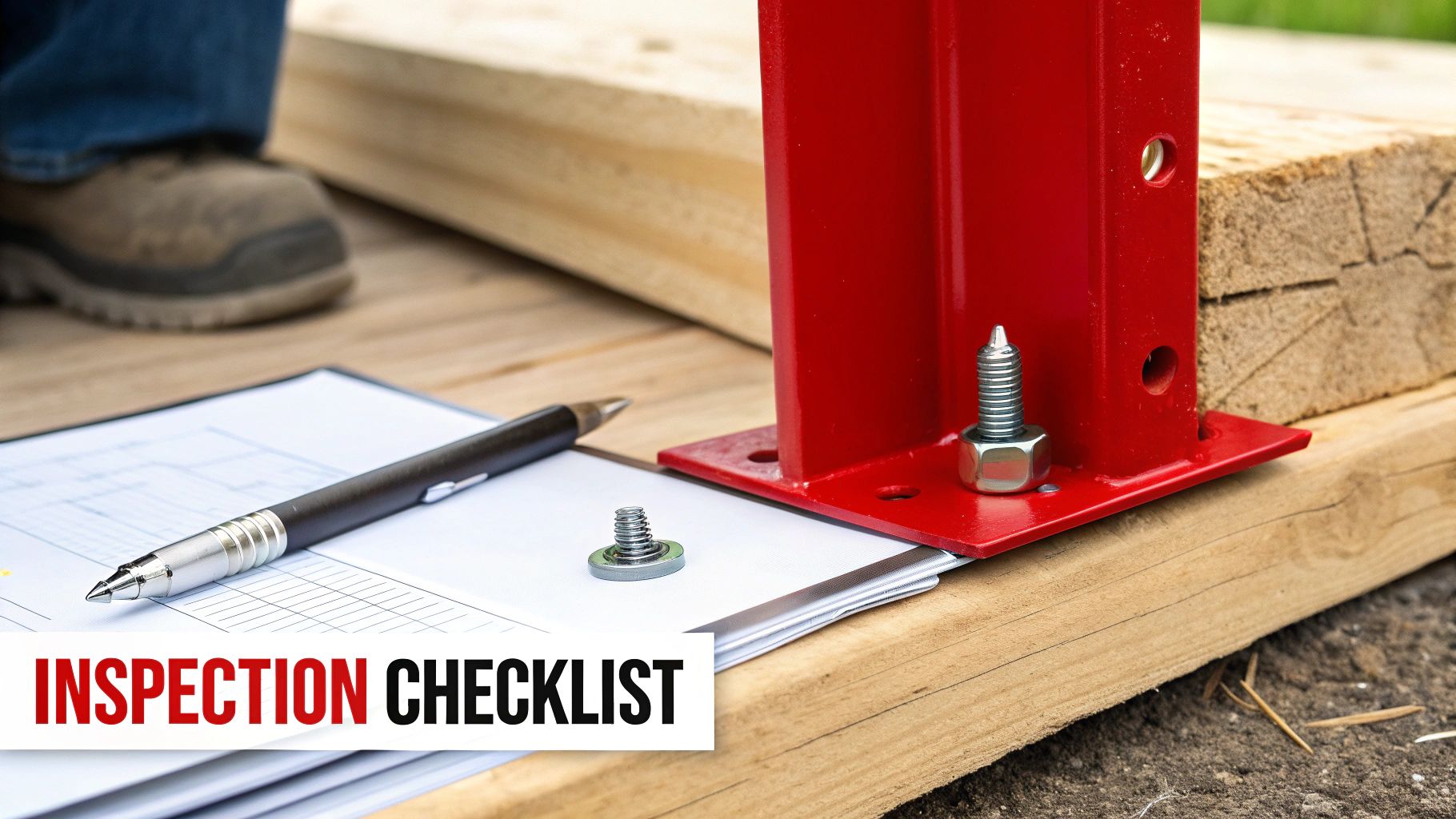 A close-up of an inspection checklist, pen, screws, and red metal beam on wooden planks, with a worker's boot in the background.