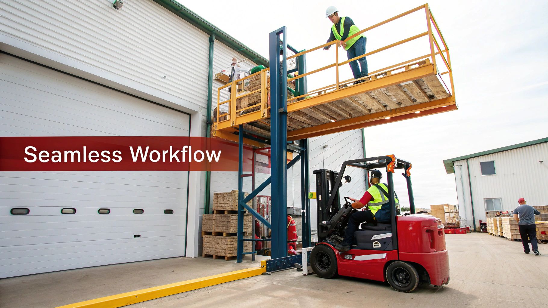 Workers use a forklift to load goods onto a warehouse mezzanine level, showing efficient operations.