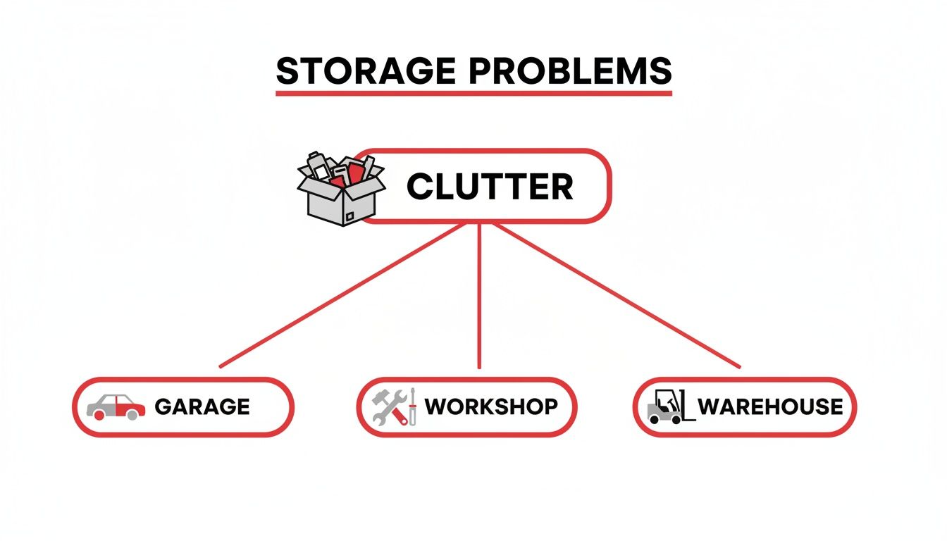 A diagram illustrating storage problems, specifically clutter, in garages, workshops, and warehouses.