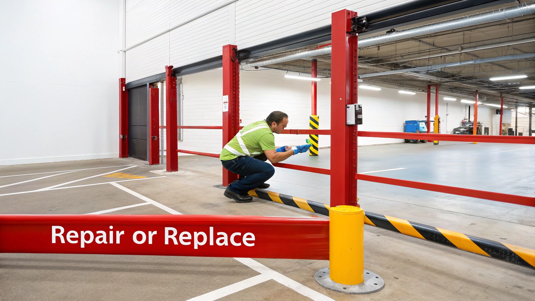 Maintenance worker inspecting or repairing a red safety barrier and yellow bollard in a facility.