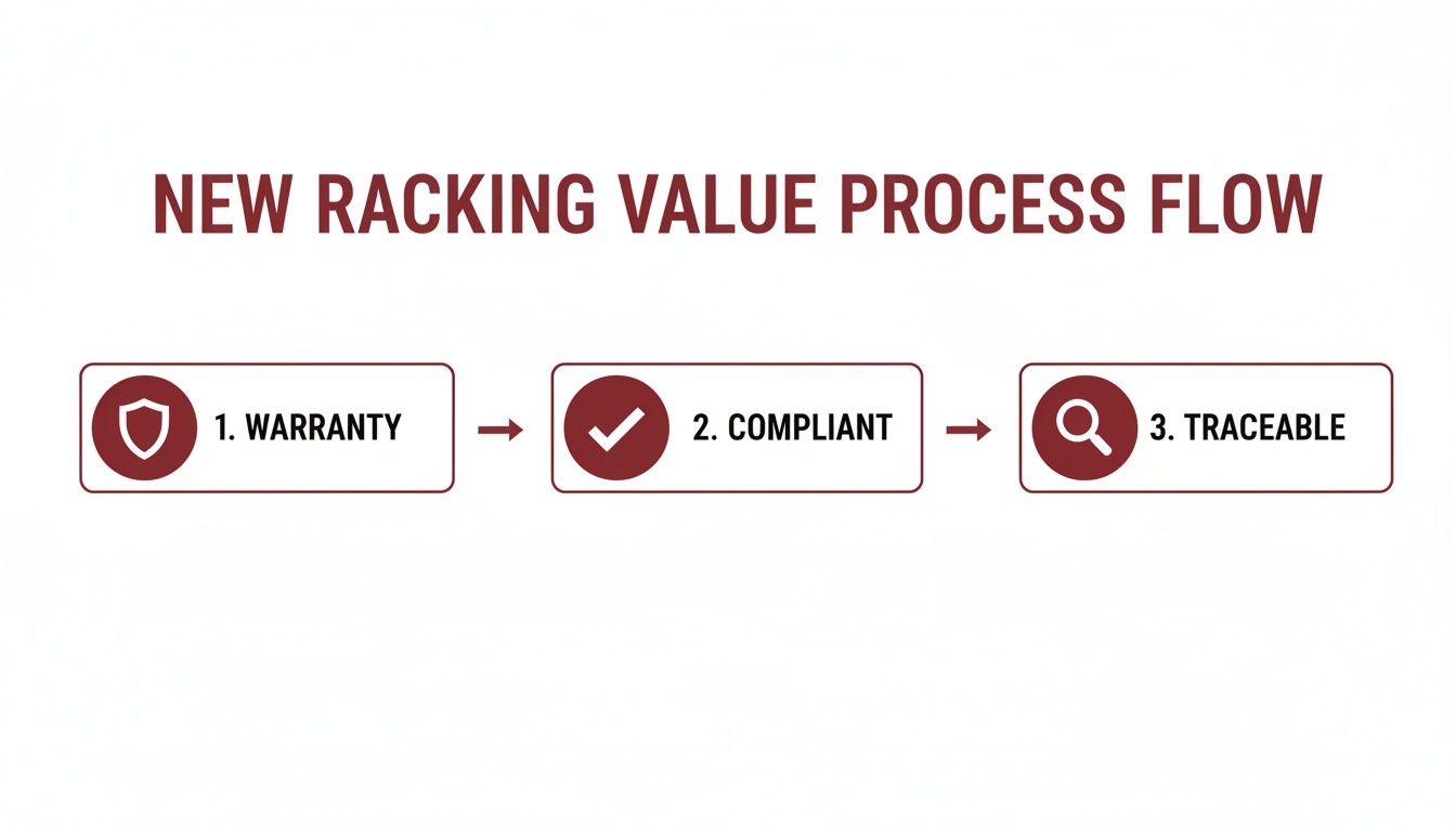 A process flow diagram illustrating three key steps for new racking value: warranty, compliant, and traceable.
