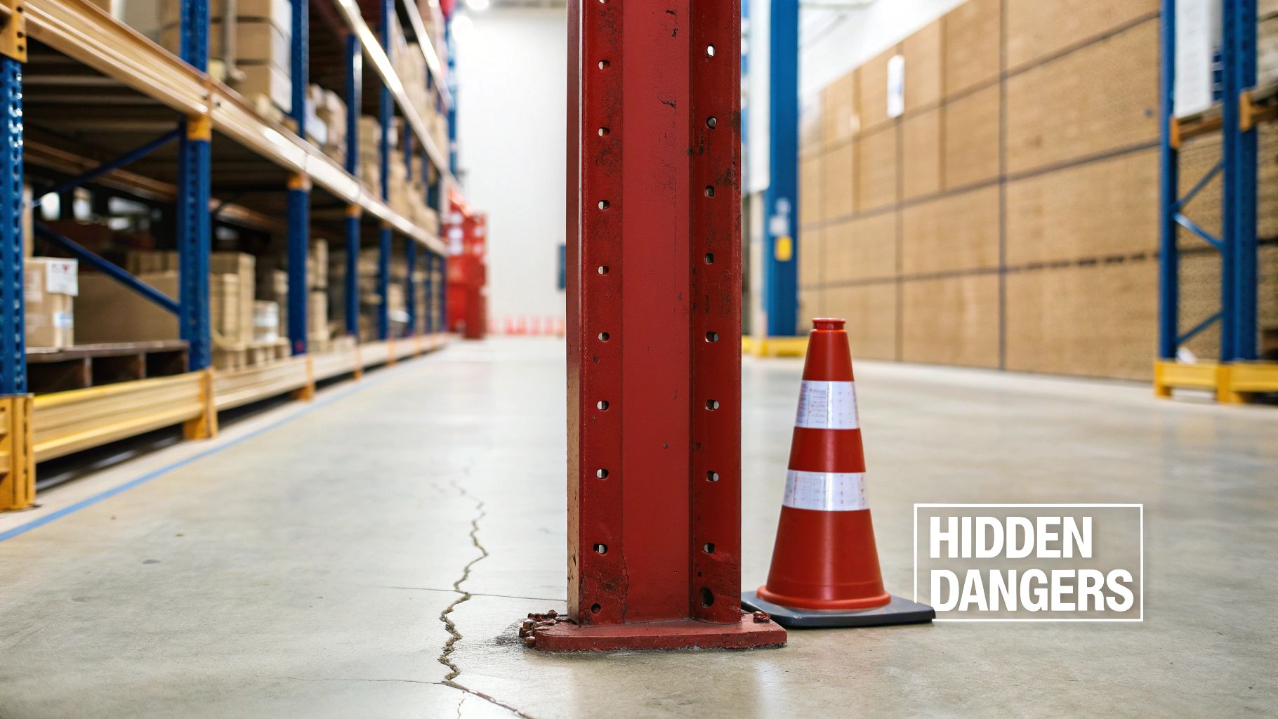 A warehouse floor with a large crack, a red support column, and a safety cone, emphasizing hidden dangers.