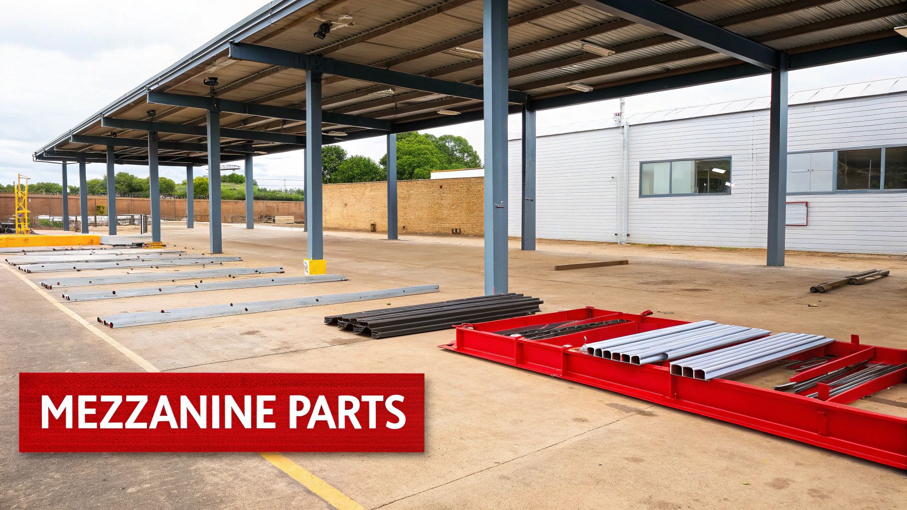 Mezzanine floor kit parts, including metal beams and frames, laid out on concrete under a canopy.