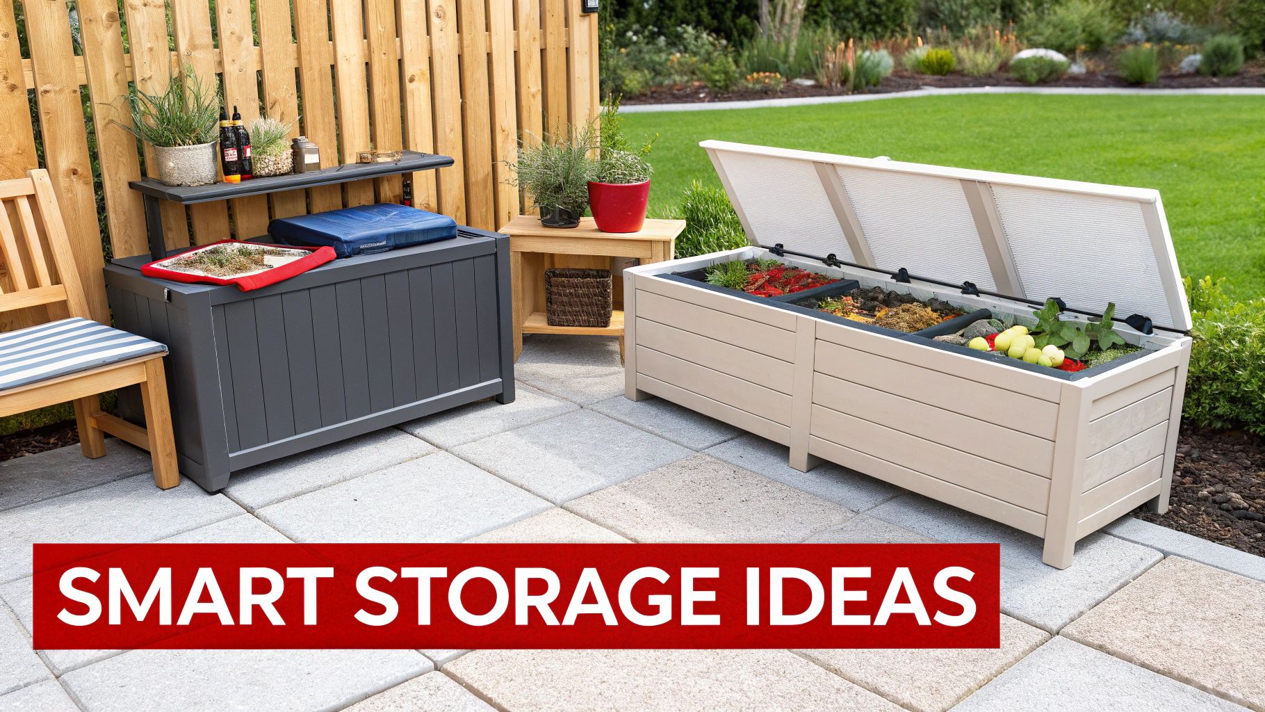 A neat outdoor storage bench placed on a patio, used for both seating and organising garden tools.