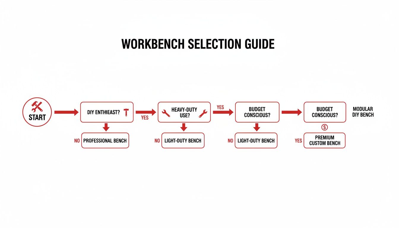 A flowchart guiding the selection of a workbench based on user needs, usage, and budget.