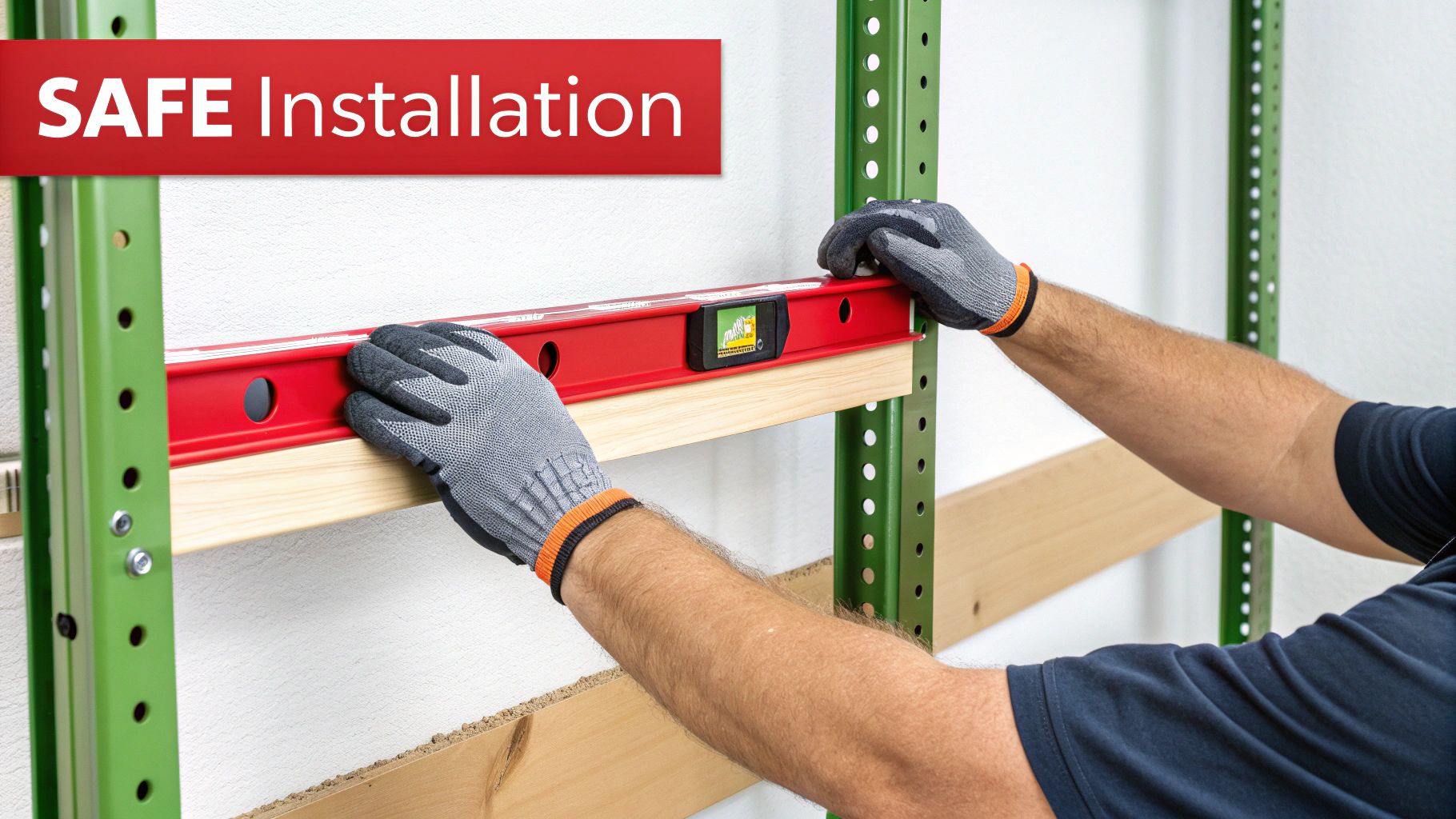 A person safely installing a storage shelf unit in a clean, well-lit garage.