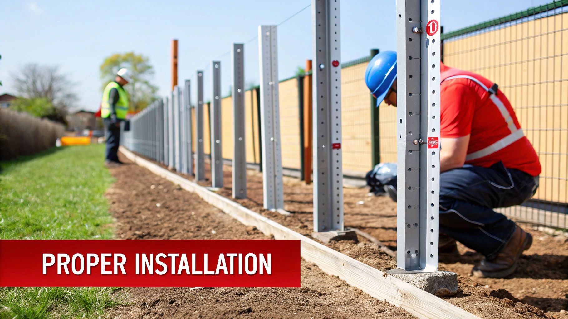 Construction workers properly installing a series of metal fence posts with a wooden base.
