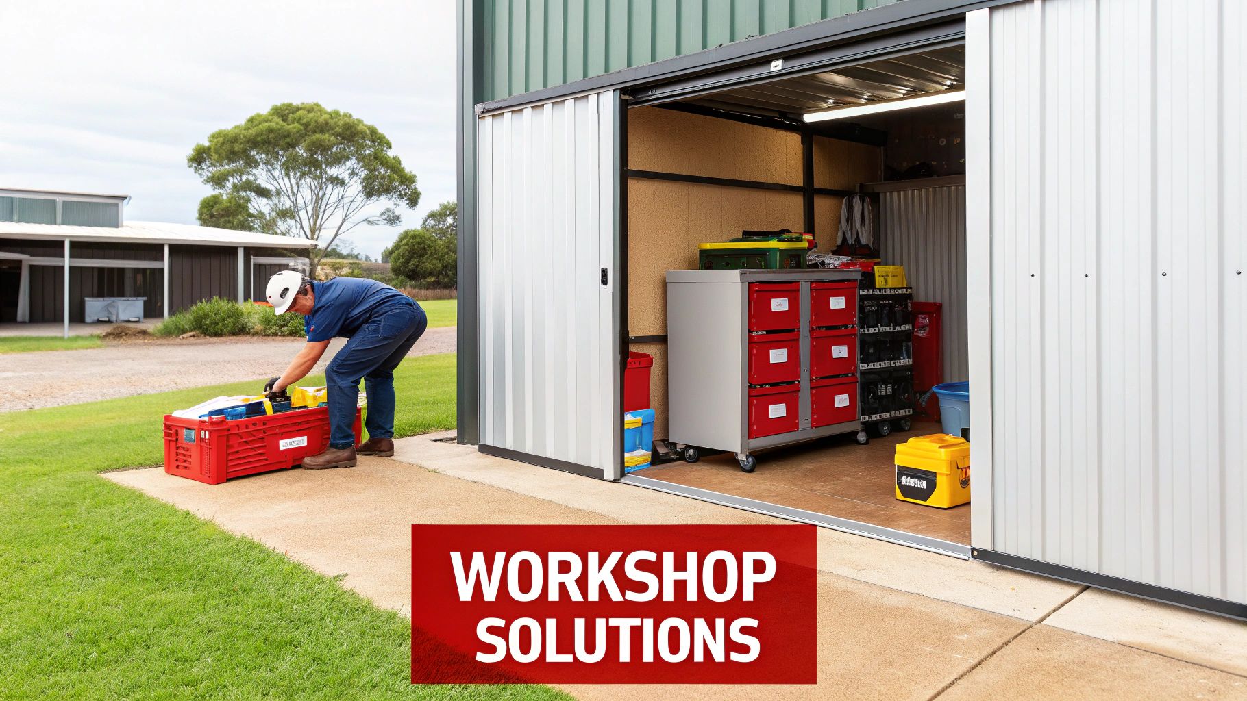 A well-organised garage featuring steel storage cabinets.