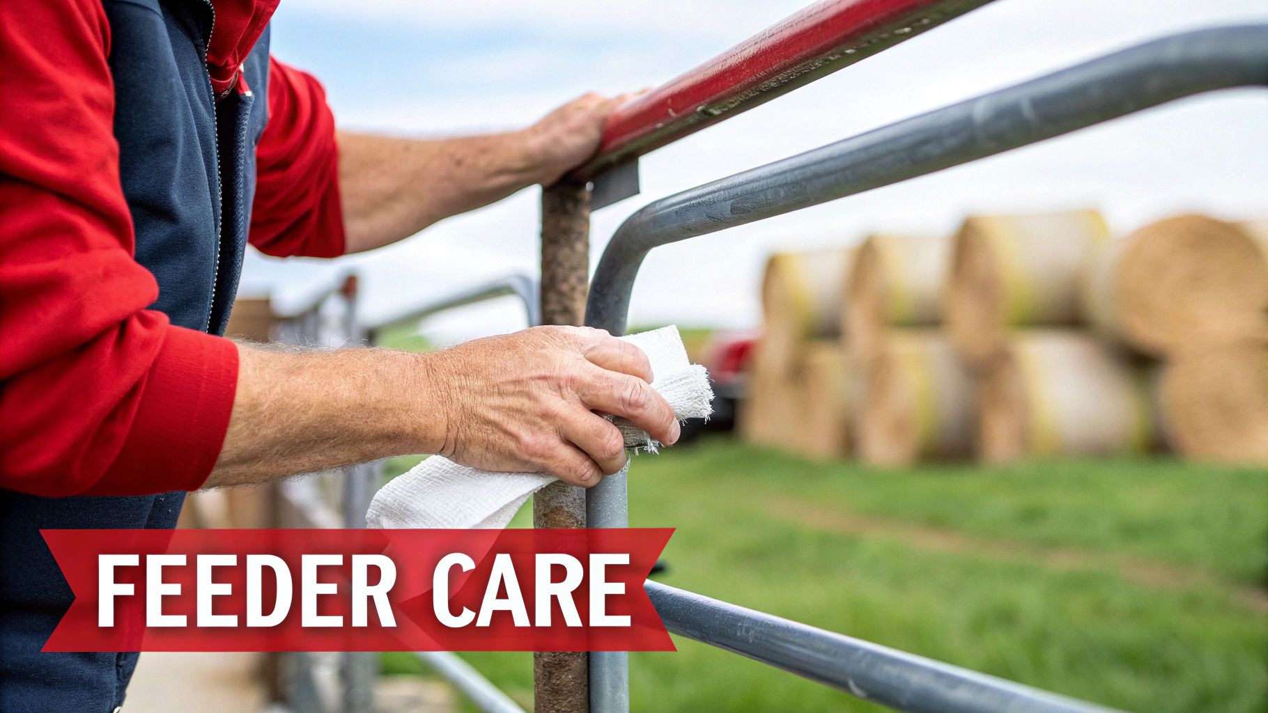 Farmer cleaning and maintaining metal livestock feeder rails with cloth in rural farm setting