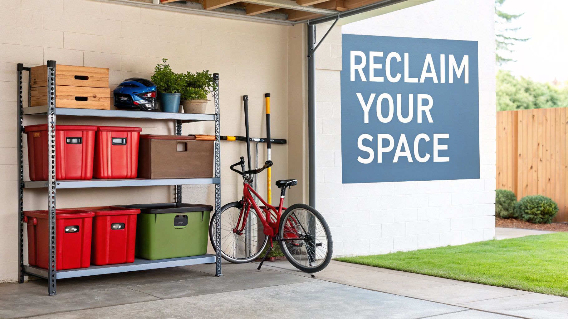 A well-organised garage with sturdy storage shelf units holding boxes and equipment.