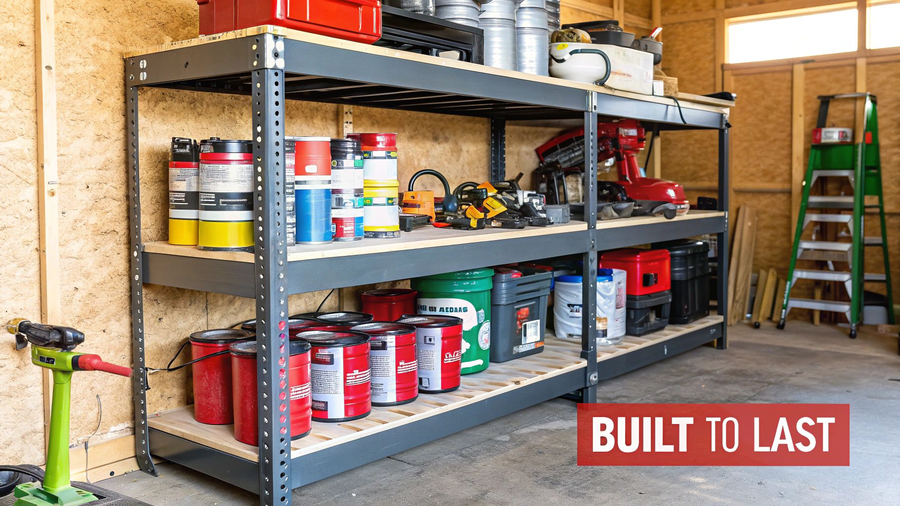 A well-organised garage with sturdy steel shelving holding various items in boxes and containers.