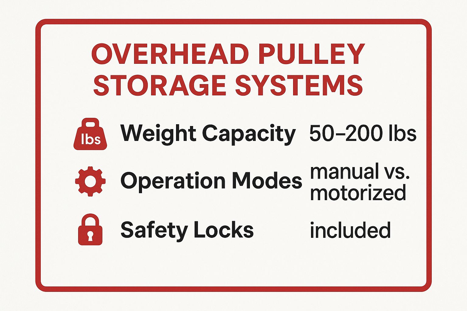 Infographic showing key data about Overhead Pulley Storage Systems