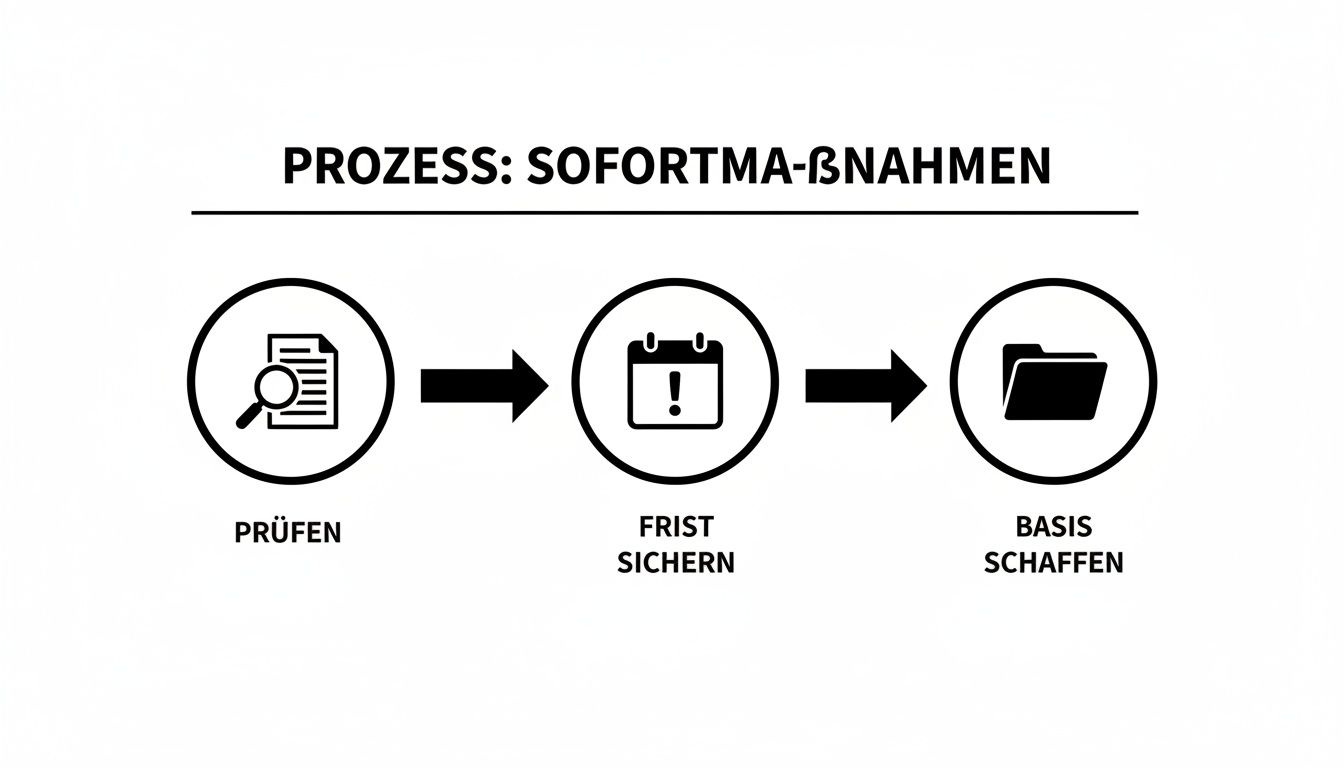Prozess für Sofortmaßnahmen: Prüfen (Dokument), Frist sichern (Kalender), Basis schaffen (Ordner).