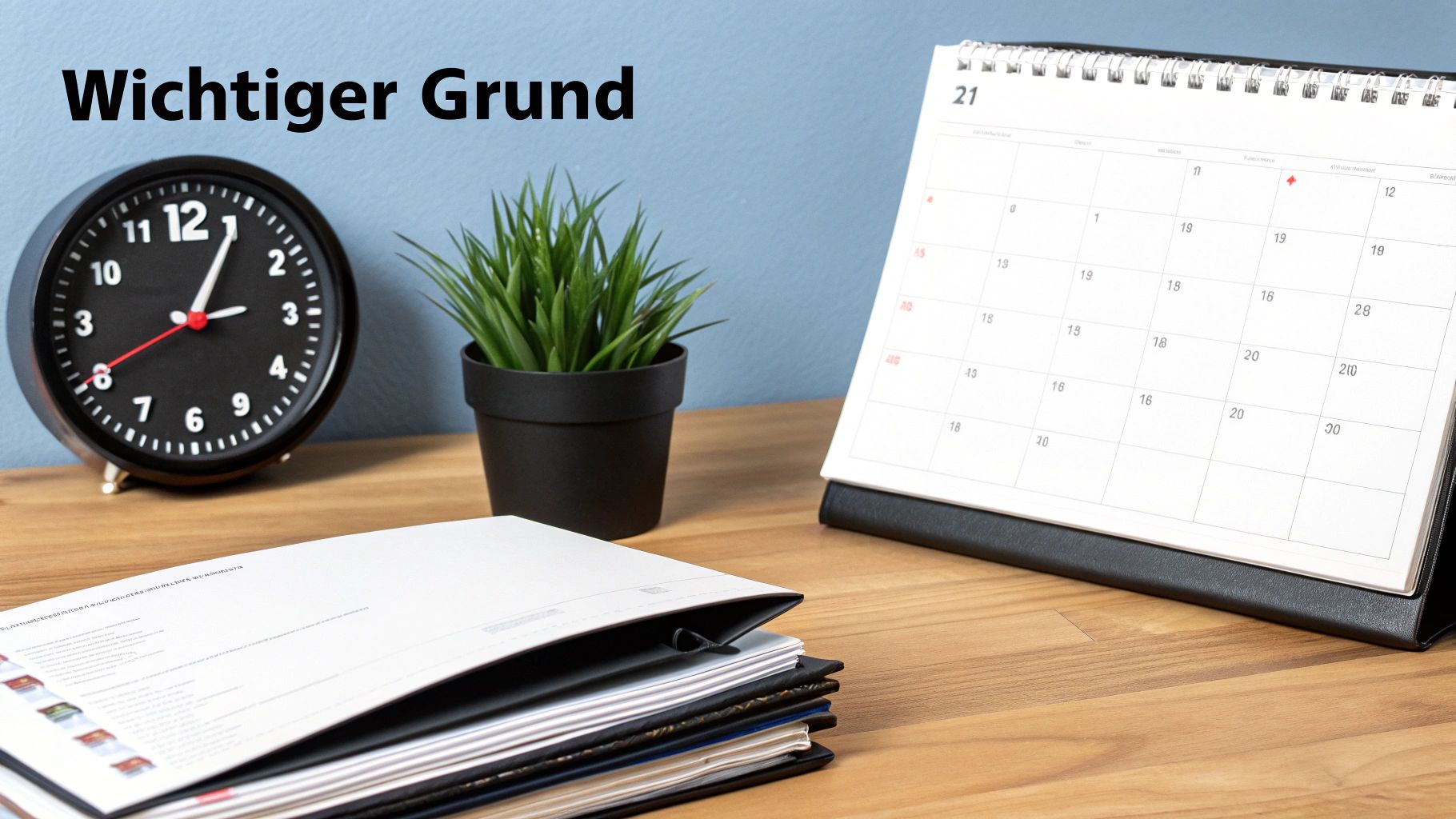 Schreibtisch mit Kalender, Wecker und Dokumenten, die einen wichtigen Grund oder Termin symbolisieren.