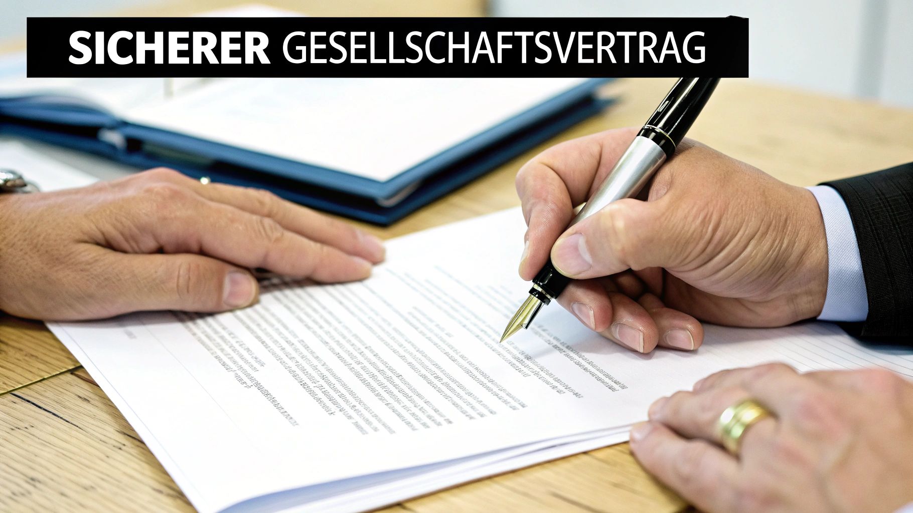 Zwei Personen unterschreiben einen Gesellschaftsvertrag mit einem Füller auf einem Holztisch.